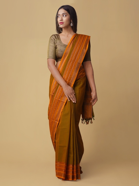 

Unnati Silks Green & Orange Pure Cotton Solid Saree