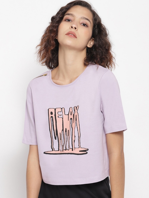 

LA LOFT Women Purple Printed Round Neck T-shirt