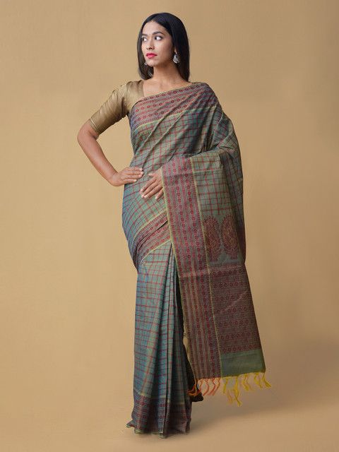 

Unnati Silks Green Pure Cotton Checked Handloom Mysore Silk Saree