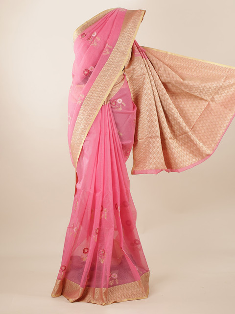 

Pothys Pink & Cream-Coloured Cotton Blend Embroidered Saree