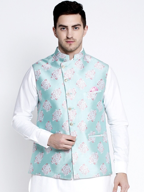 

Maxence Men Blue & White Floral Printed Pure Cotton Nehru Jacket