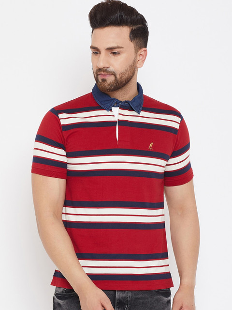 

HARBORNBAY Men Red Striped Polo Collar T-shirt