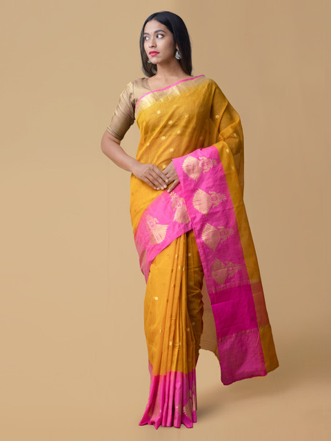 

Unnati Silks Yellow & Pink Woven Design Silk Cotton Banarasi Saree