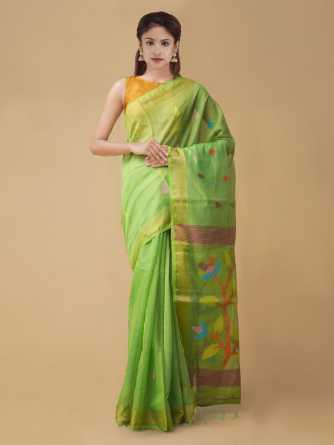 

Unnati Silks Green & Gold-Toned Silk Cotton Woven Design Maheshwari Saree