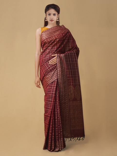 

Unnati Silks Burgundy Pure Cotton Checked Mysore Silk Saree