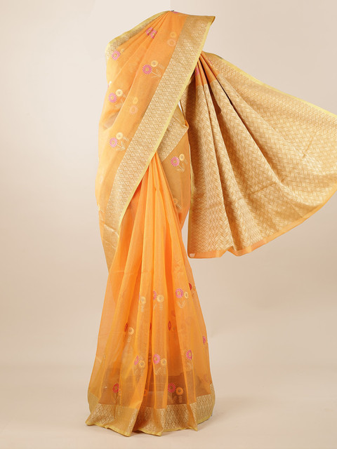 

Pothys Yellow & Gold-Toned Cotton Blend Woven Design Saree