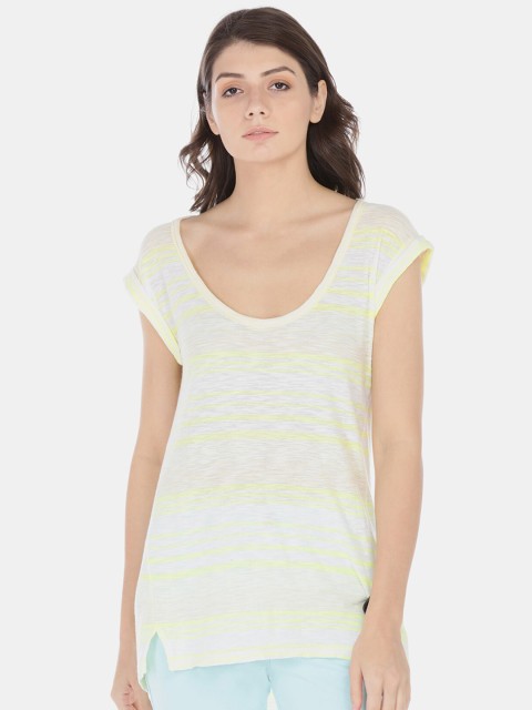 

GAP Women Yellow Slub Stripe Roll Sleeve Tee