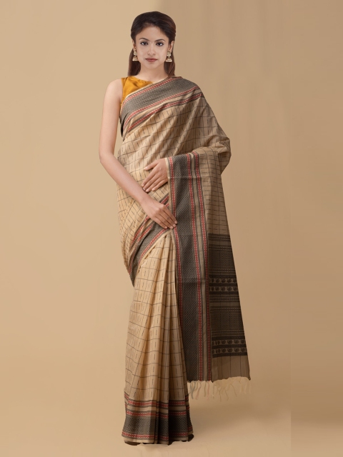 

Unnati Silks Brown Pure Cotton Checked Mysore Silk Saree