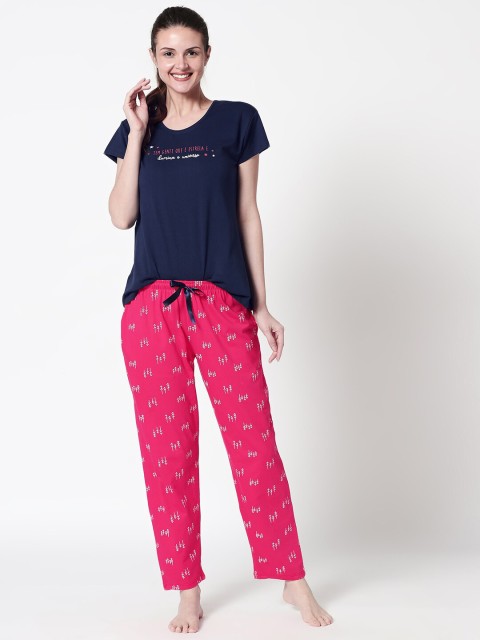 

Zeyo Women Navy Blue & Pink Printed Night suit