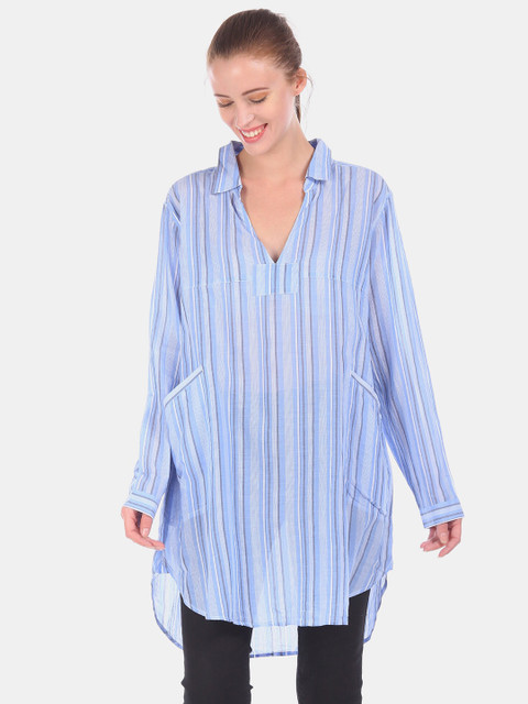 

GAP Women Blue Vertical Stripe Woven Shirt Dress