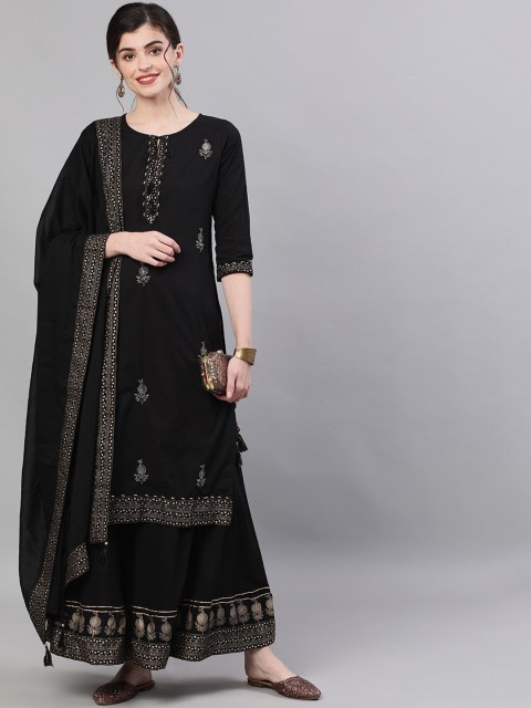 

Ishin DESIGNER STUDIO Women Black Embroidered Kurta with Sharara & Dupatta