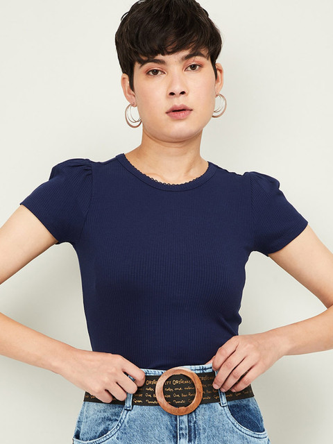 

Ginger by Lifestyle Women Navy Blue Solid Fitted Top