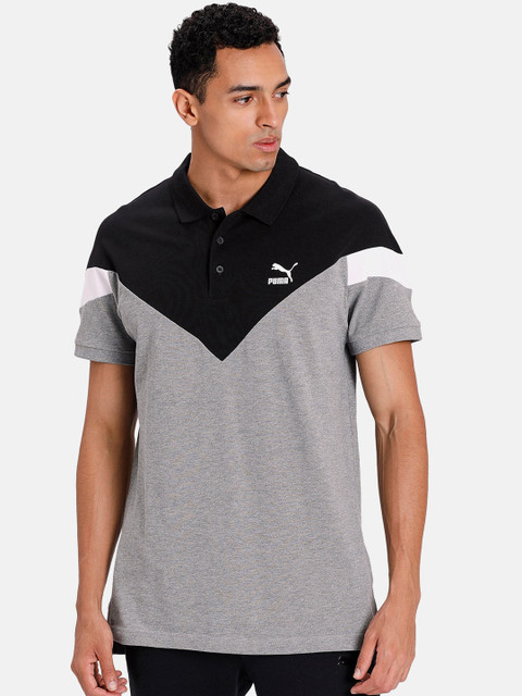 

Puma Men Grey & Black Colourblocked Polo Collar T-shirt