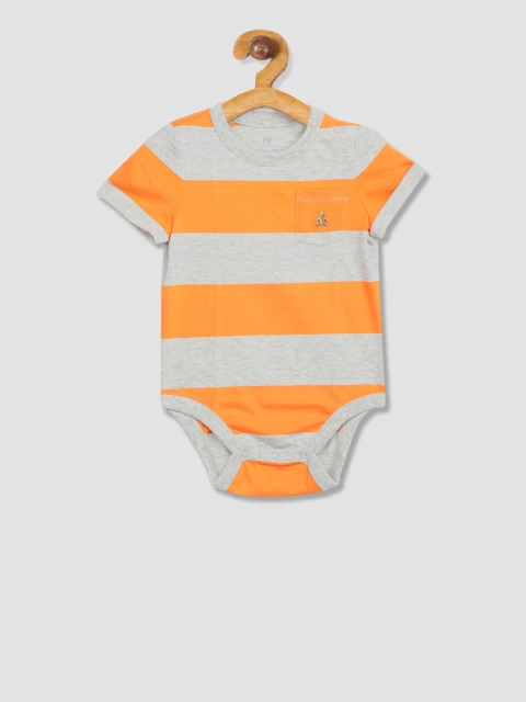 

GAP Infant Girls Grey Melange & Orange Striped Brannan Bear Pocket Bodysuit