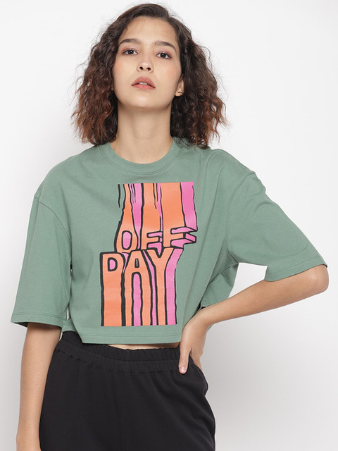 

LA LOFT Women Green Printed Crop Knitted Top