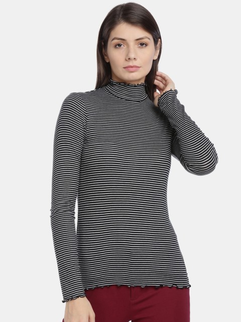 

GAP Women Black Striped Turtle Neck T-shirt