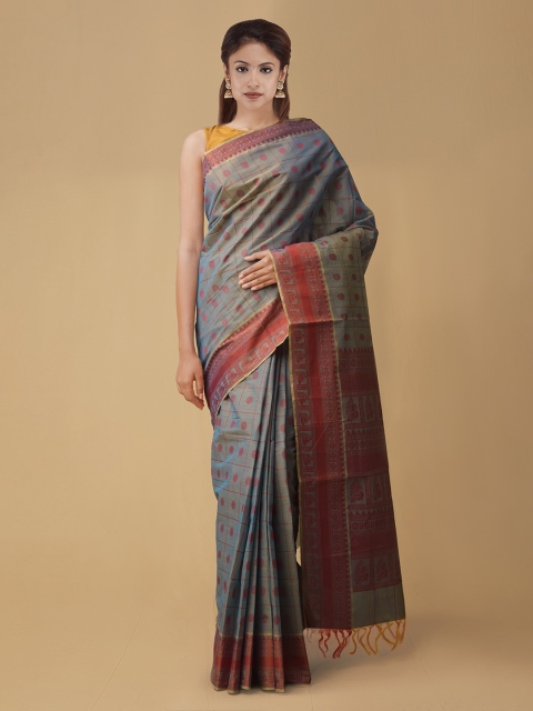 Unnati Silks Grey & Red Pure Cotton Woven Design Mysore Silk Saree