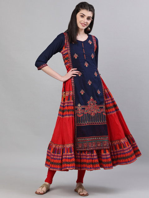 

Ishin DESIGNER STUDIO Women Navy Blue Embroidered Anarkali Kurta