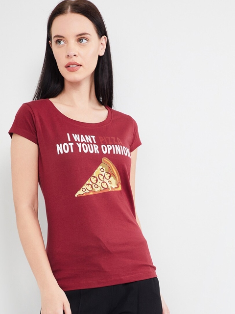 

max Women Maroon Printed Round Neck T-shirt