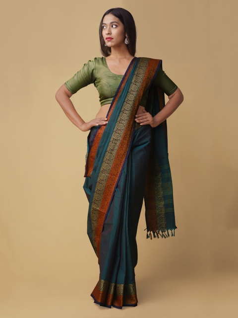 

Unnati Silks Teal Blue Solid Handloom Saree