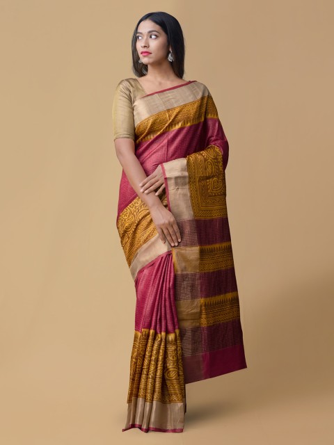 

Unnati Silks Yellow & Pink Pure Silk Solid Tussar Saree