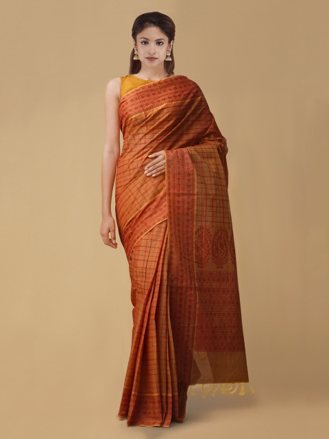 

Unnati Silks Orange & Red Pure Cotton Checked Mysore Silk Saree