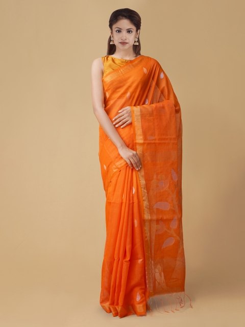 

Unnati Silks Orange & Silver-Toned Silk Cotton Woven Design Maheshwari Saree