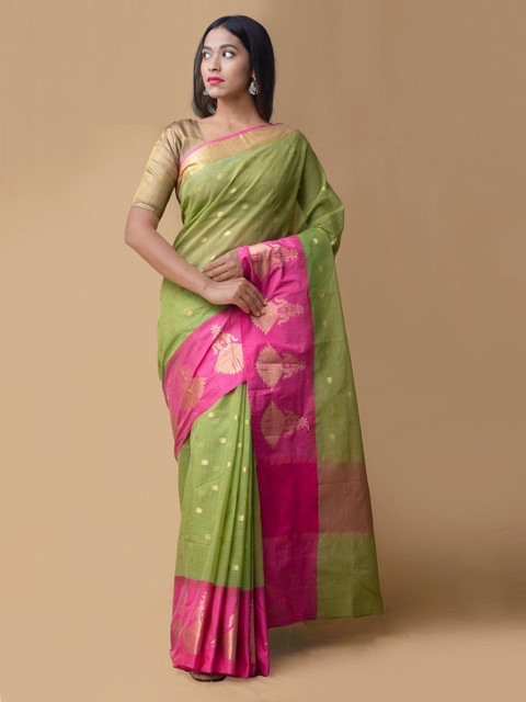 

Unnati Silks Green & Pink Silk Cotton Woven Design Banarasi Saree