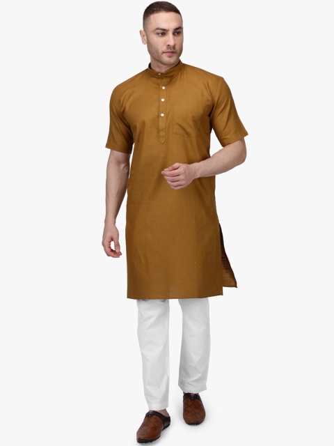 RAJUBHAI HARGOVINDAS Men Khaki-Coloured Solid Straight Kurta