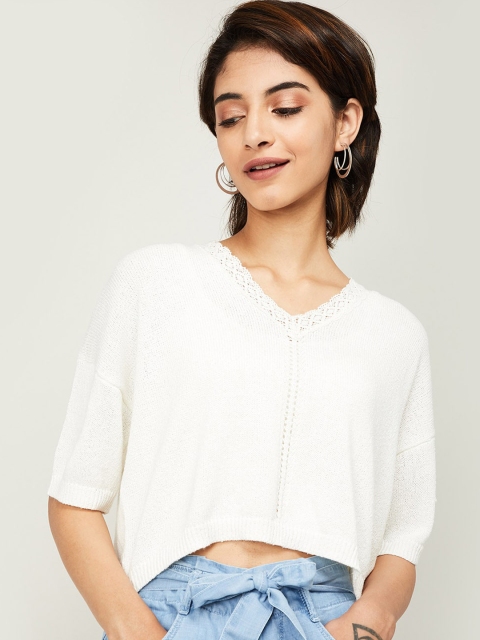 

Ginger by Lifestyle Women Off-White Solid High-Low Top