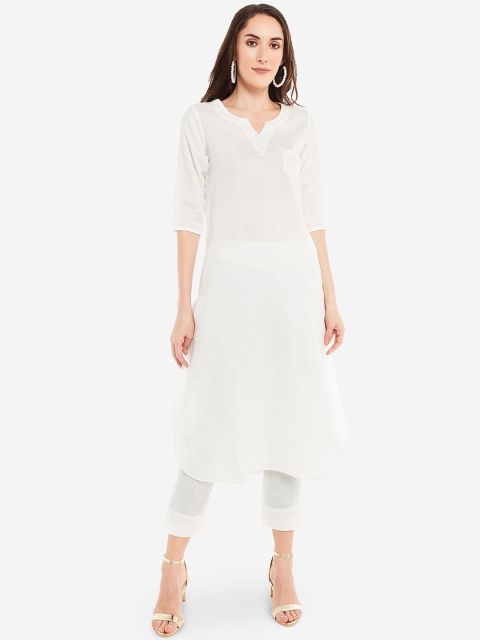

Desi Weavess Women White Solid Kurta with Trousers