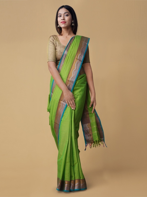

Unnati Silks Green Solid Handcrafted Pure Cotton Saree
