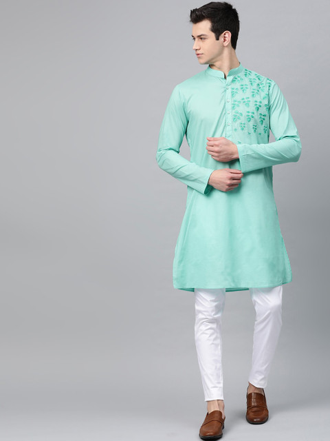 

See Designs Men Sea Green & White Embroidered Kurta with Churidar