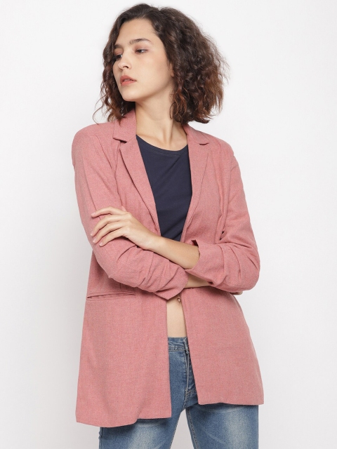 

LA LOFT Women Old Rose Pink Solid Comfort Fit Single Breasted Pure Cotton Blazer