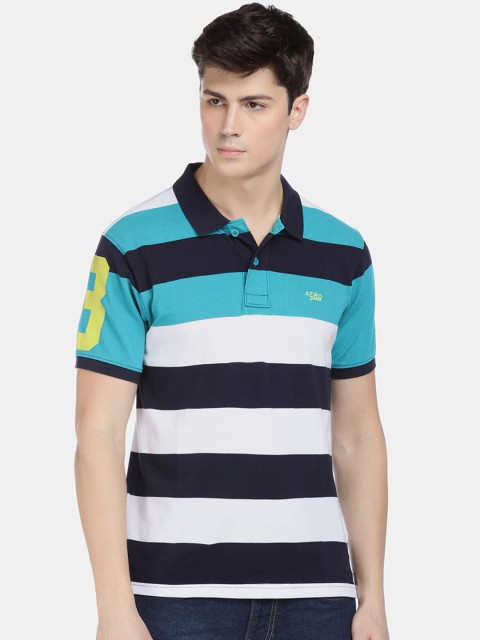 

Aeropostale Men Blue & White Striped Polo Collar T-shirt