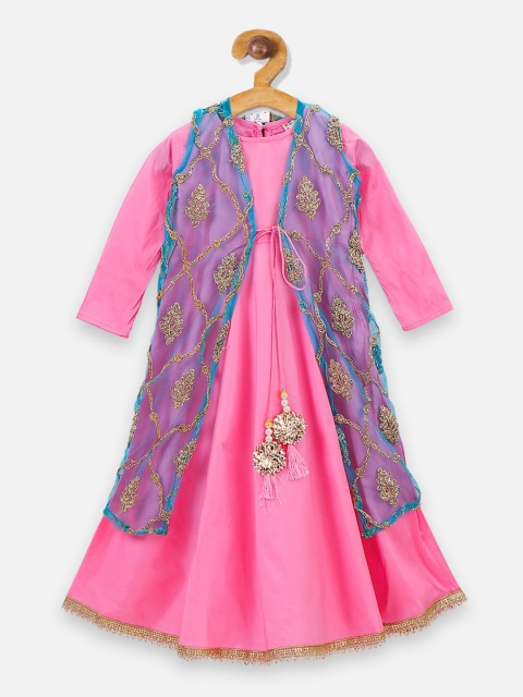 

LilPicks Girls Pink Solid A-Line Dress With Ethnic Shrug