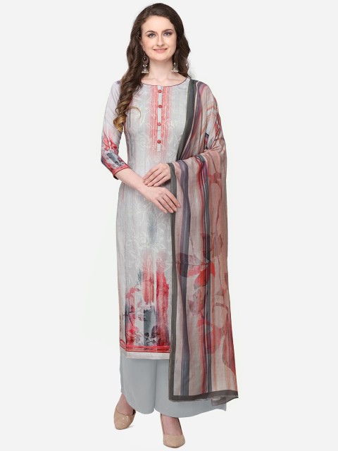 

Stylee LIFESTYLE Grey & Red Silk Blend Unstitched Dress Material
