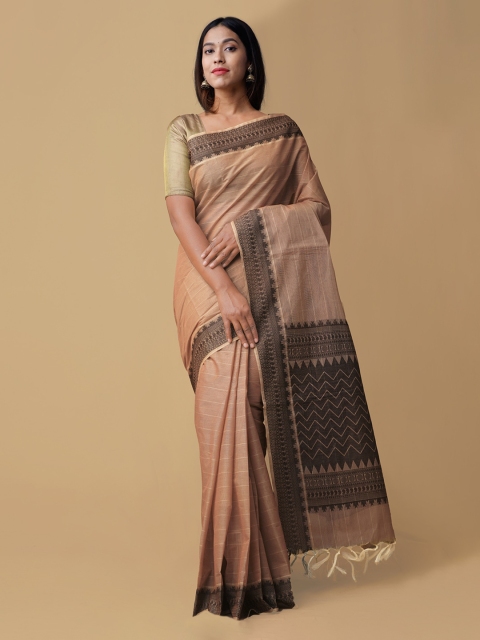 

Unnati Silks Brown & Taupe Pure Cotton Striped Mysore Silk Saree