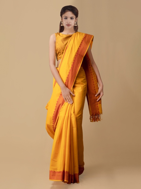 

Unnati Silks Yellow Pure Cotton Solid Handloom Mysore Silk Saree
