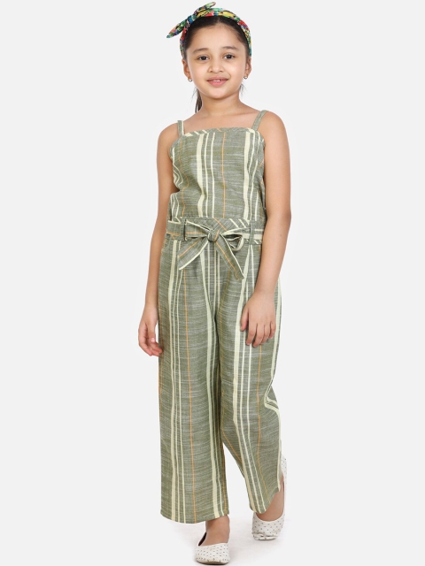 

LilPicks Girls Green Striped Basic Jumpsuit