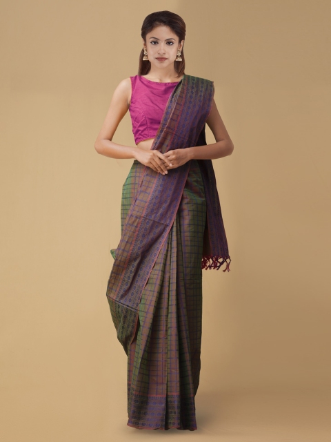 

Unnati Silks Olive Green & Blue Pure Cotton Checked Mysore Silk Handloom Saree