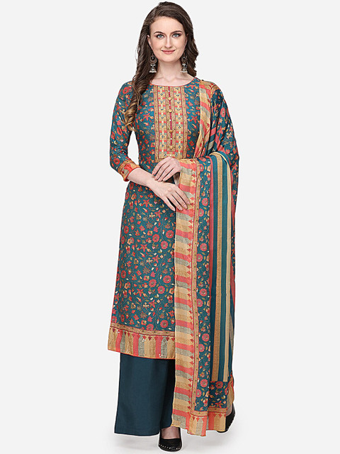 

Stylee LIFESTYLE Teal & Orange Silk Blend Unstitched Dress Material