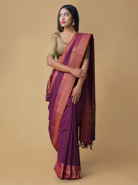 

Unnati Silks Purple Solid Pure Cotton Handloom Saree