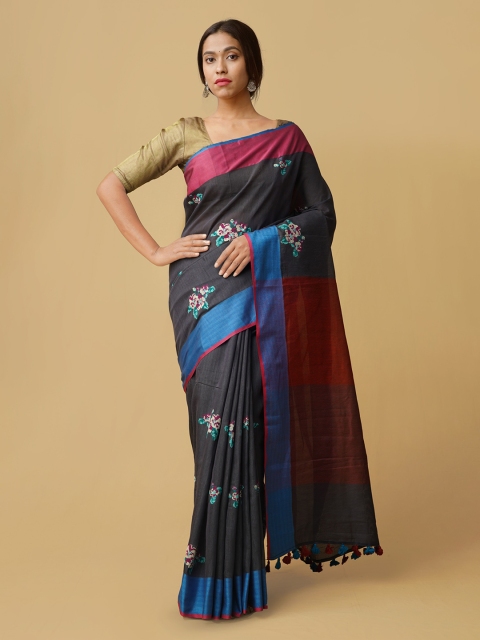 

Unnati Silks Grey & Blue Pure Linen Floral Printed Handloom Saree