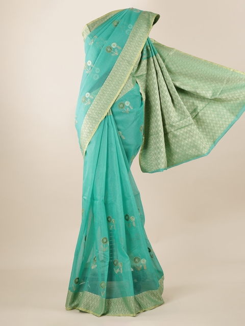 

Pothys Green & Gold-Toned Cotton Blend Woven Design Manipuri Saree