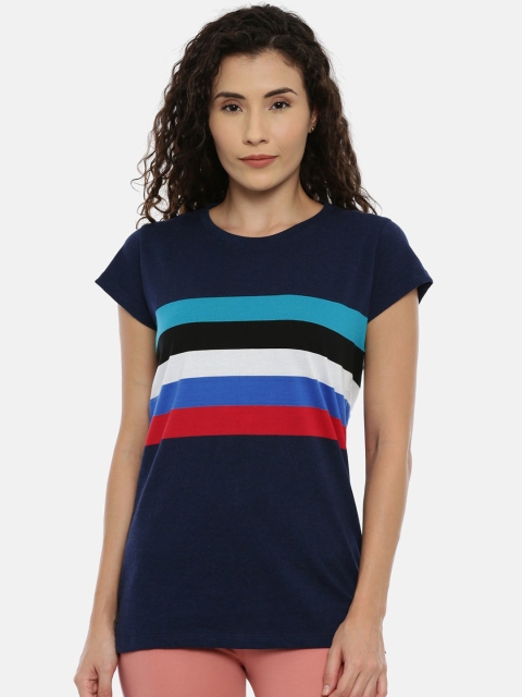 GOLDSTROMS Women Navy Blue Striped Round Neck T-shirt