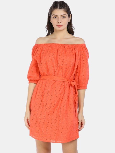 

GAP Women Orange Eyelet Off-Shoulder Dress