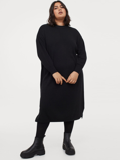 

H&M Women Sustainable Black Solid H&M+ Fine-Knit Dress