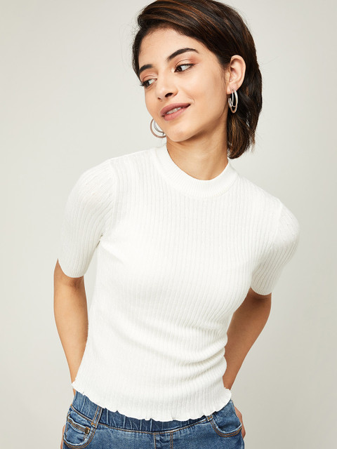 

Ginger by Lifestyle Women Off-White Solid Fitted Top