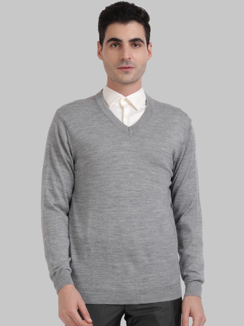 

ColorPlus Men Grey Melange Striped Pullover Sweater